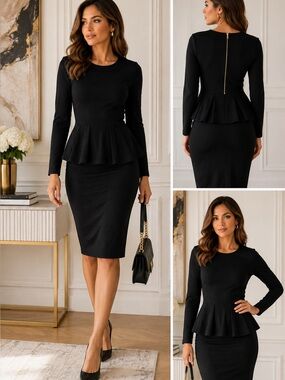 Carmen Marc Valvo Black Peplum Long Sleeve Top Size Small